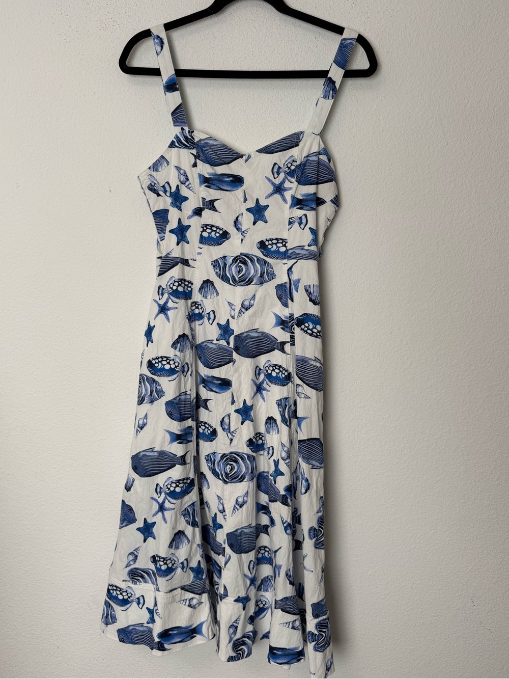 Avec Les Filles Blue White Fish Print Midi Dress Size 8 Coastal Nautical